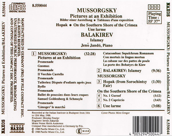 Mussorgsky* / Balakirev*, Jenö Jandó : Pictures At An Exhibition • Hopak • On The Southern Shore Of The Crimea • Une Larme / Islamey (CD, Album)