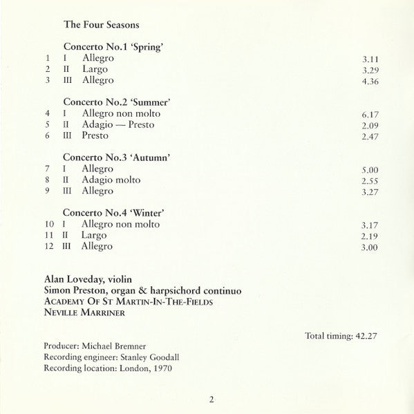 Vivaldi*, Neville Marriner* : The Four Seasons (CD, Album, RE)