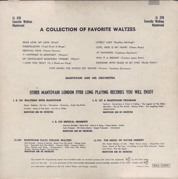 Mantovani And His Orchestra : A Collection Of Favorite Waltzes (LP)