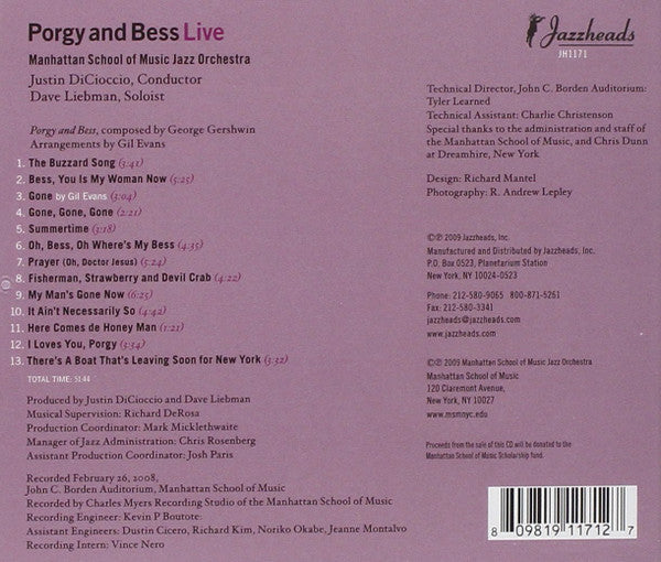 Manhattan School Of Music Jazz Orchestra, Dave Liebman*, Justin Dicioccio : Porgy & Bess Live (CD, Album)