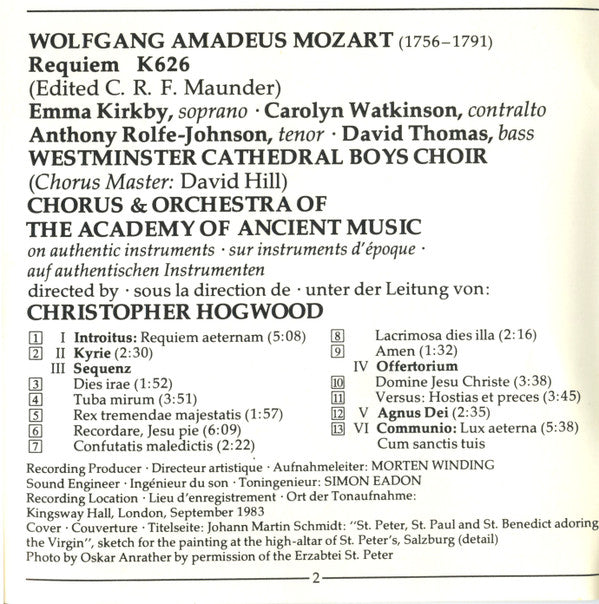 Wolfgang Amadeus Mozart - Kirkby* • Watkinson* • Rolfe-Johnson* • Thomas*, Westminster Cathedral Boys Choir* • Chorus* & Orchestra Of The Academy Of Ancient Music*, Christopher Hogwood : Requiem (CD, Album)