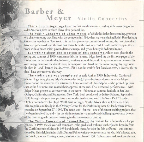Hilary Hahn - Samuel Barber / Edgar Meyer - The Saint Paul Chamber Orchestra, Hugh Wolff : Barber & Meyer Violin Concertos (CD, Album, Club)