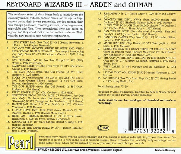 Arden* & Ohman* : Keyboard Wizards Of The Gershwin Era Volume III (CD, Mono)