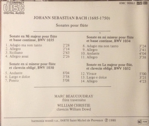 Johann Sebastian Bach, Marc Beaucoudray, William Christie : Sonates pour Flûte et Clavecin (CD, Album)