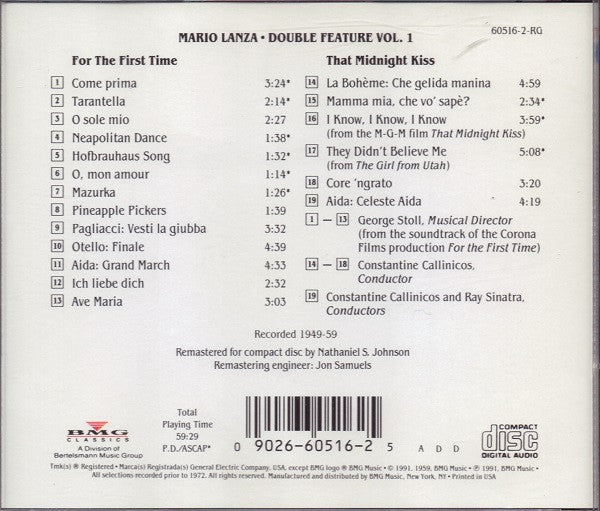 Mario Lanza : Double Feature, Vol. 1: For The First Time - That Midnight Kiss (CD, Album, Comp, RM)