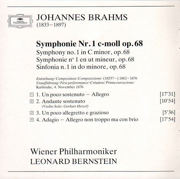 Brahms*, Wiener Philharmoniker · Leonard Bernstein : Symphonie No. 1 (CD, Album, RE, PDO)