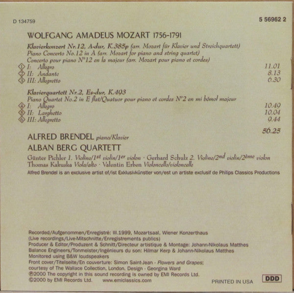 Mozart*, Alfred Brendel, Alban Berg Quartett : Klavierkonzert Nr. 12 (arr. Mozart), KV 385p, Klavierquartett Nr. 2, KV 493 (CD, Club)