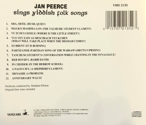 Jan Peerce : Sings Yiddish Folk Songs (CD, Album, Mono, RE)
