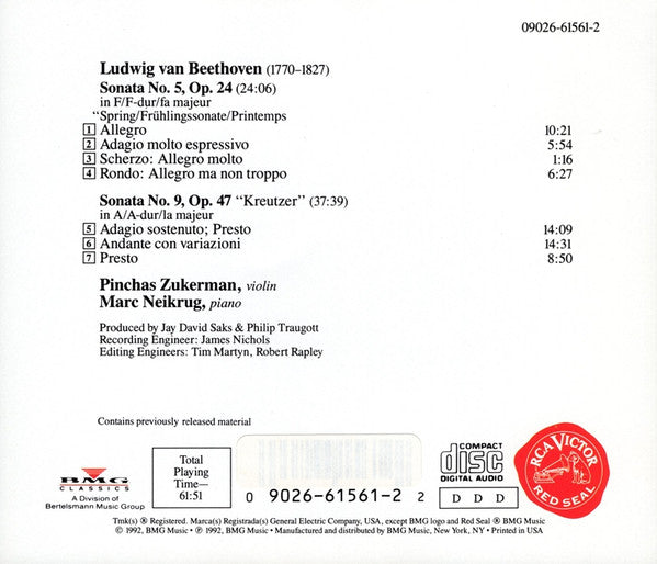 Beethoven*, Pinchas Zukerman, Marc Neikrug : Sonatas For Piano & Violin (No. 5, "Spring" • No. 9, "Kreutzer") (CD)