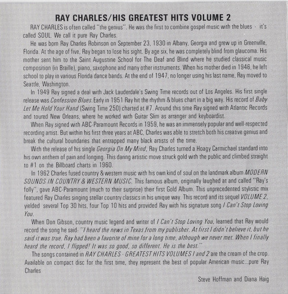 Ray Charles : His Greatest Hits Vol. 2 (CD, Comp, RM)