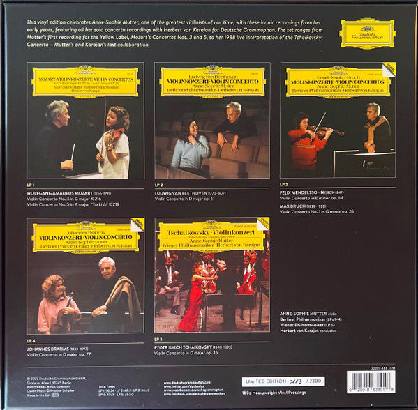 Anne-Sophie Mutter, Herbert von Karajan / Mozart* / Beethoven* / Mendelssohn* / Bruch* / Brahms* / Tchaikovsky* : The Solo Concertos (5xLP, RE, 180 + Box, Comp, Ltd, Num)