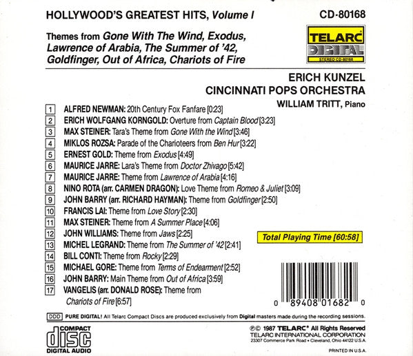 Erich Kunzel, Cincinnati Pops Orchestra : Hollywood's Greatest Hits, Volume I (CD, Album, RE)