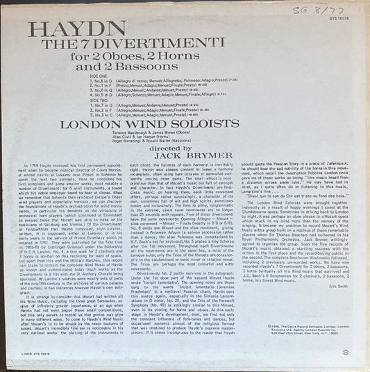 Joseph Haydn, Jack Brymer / London Wind Soloists : The Seven Divertimenti For Two Oboes, Two Horns And Two Bassoons (LP, Album, RE)