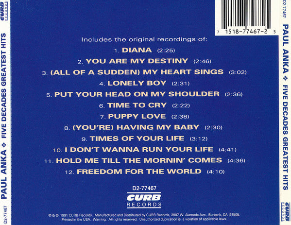 Paul Anka : Five Decades Greatest Hits (CD, Comp)
