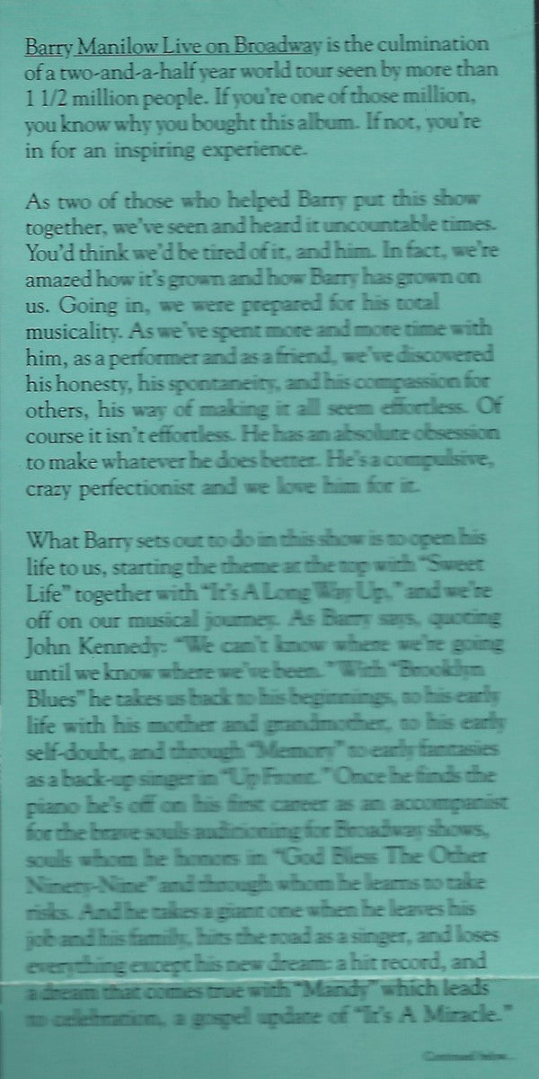 Barry Manilow : Live On Broadway (CD, Album, Club)