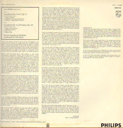 Sibelius* / Boston Symphony Orchestra - Colin Davis* : Symphonies Nos. 3 And 6 (LP)