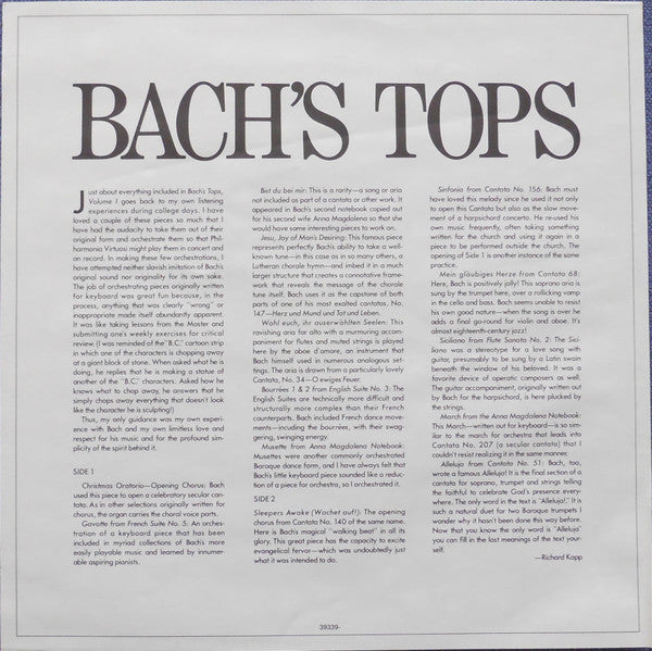 Richard Kapp, Philharmonia Virtuosi Of New York* : Bach's Tops Volume 1 (LP)