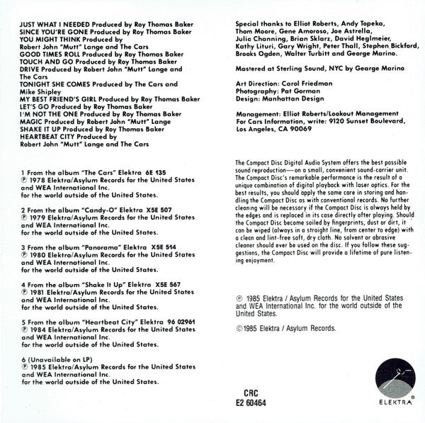 The Cars : The Cars Greatest Hits (CD, Comp, Club)