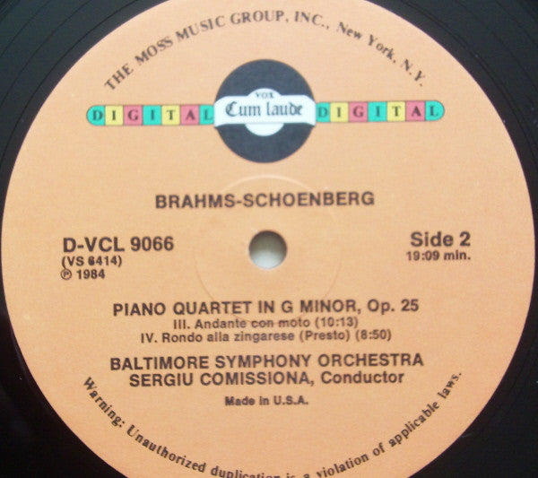 Brahms* – Schoenberg* - Baltimore Symphony Orchestra, Sergiu Comissiona : Piano Quartet In G Minor, Op. 25 (LP)
