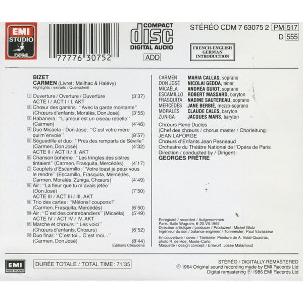 Bizet* - Callas* • Gedda* • Guiot* • Massard* • Chœurs René Duclos* • Orchestre Du Théâtre National De L'Opéra De Paris* • Prêtre* : Carmen Highlights / Extraits / Querschnitt (CD, Album, RE, RM)