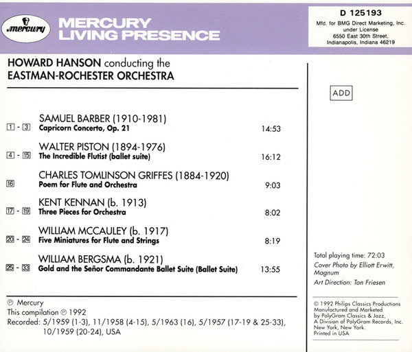 Howard Hanson Conducting The Eastman-Rochester Orchestra : Howard Hanson Conducts Barber, Piston, Griffes & Others (CD, Comp, Club)