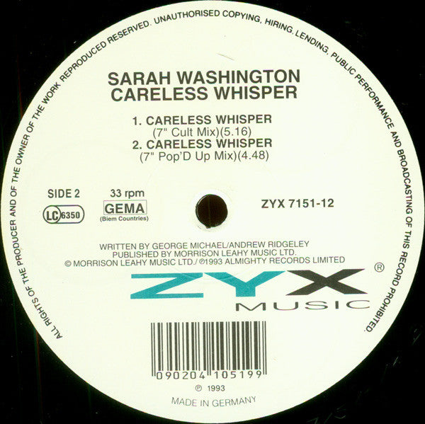 Sarah Washington : Careless Whisper (12")