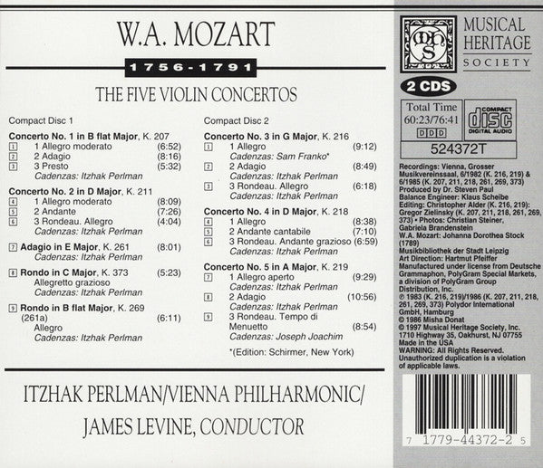 Wolfgang Amadeus Mozart - Itzhak Perlman, James Levine (2), Wiener Philharmoniker - The 5 Violin Concertos (2xCD) - Discogs image 2
