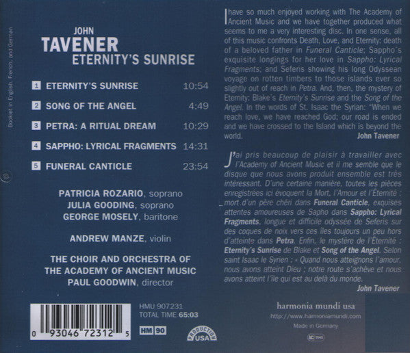 John Tavener - The Academy Of Ancient Music, Paul Goodwin (2) : Eternity's Sunrise (CD)