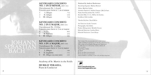 Johann Sebastian Bach, Murray Perahia, The Academy Of St. Martin-in-the-Fields : Keyboard Concertos Nos. 1, 2 & 4 (CD, Album)