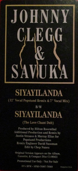 Johnny Clegg & Savuka : Siyayilanda (12", Promo)
