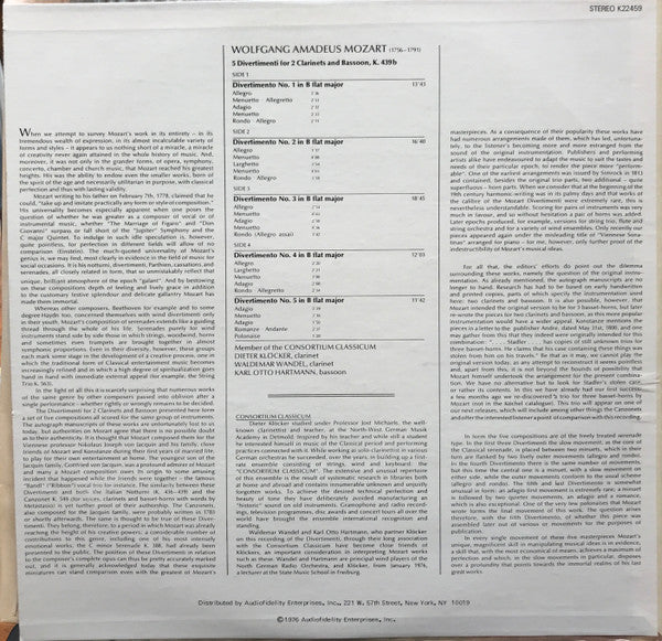 Wolfgang Amadeus Mozart, Consortium Classicum : 5 Divertimenti For 2 Clarinets And Bassoon, K.439b (2xLP)