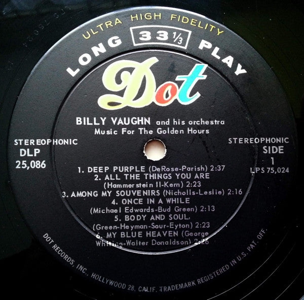 Billy Vaughn And His Orchestra : Music For The Golden Hours (LP, Album)