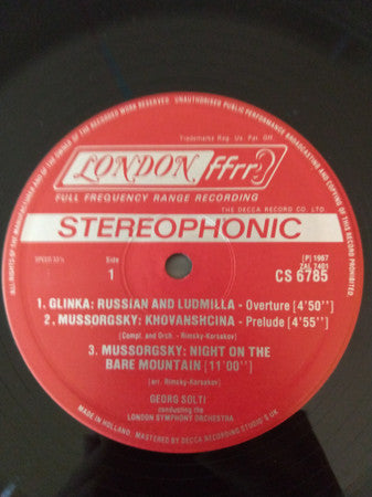Georg Solti, Mikhail Ivanovich Glinka / Modest Mussorgsky / Alexander Borodin, The London Symphony Orchestra And London Symphony Chorus : Russlan And Ludmilla / Night On Bald Mountain / Khovantchina Prelude / Prince Igor - Overture And Polovtsian Dances (LP, RE)