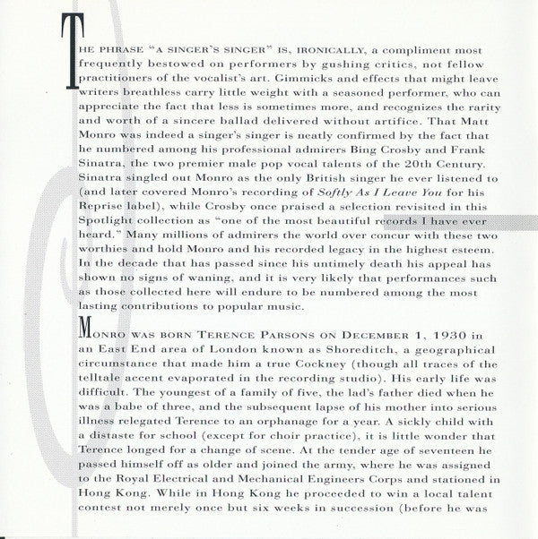 Matt Monro : Spotlight On Great Gentlemen Of Song (CD, Comp, RM)