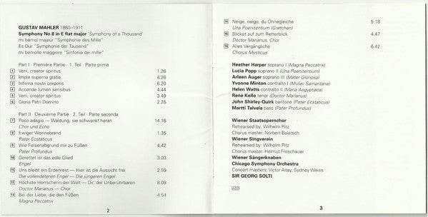 Gustav Mahler, Heather Harper, Lucia Popp, Arleen Auger, Yvonne Minton, Helen Watts, René Kollo, John Shirley-Quirk, Martti Talvela, Wiener Staatsopernchor, Wiener Singverein, Die Wiener Sängerknaben, Chicago Symphony Orchestra, Georg Solti : Symphony No. 8 In E-Flat Major "Symphony Of A Thousand" (CD, Club, RE)