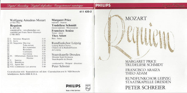 Wolfgang Amadeus Mozart / Margaret Price, Trudeliese Schmidt, Francisco Araiza, Theo Adam ; Rundfunkchor Leipzig & Staatskapelle Dresden, Peter Schreier : Requiem (CD, Album, RE)