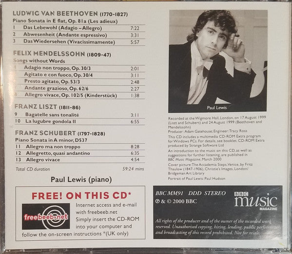 Ludwig van Beethoven / Felix Mendelssohn-Bartholdy / Franz Liszt / Franz Schubert / Paul Lewis (7) : Piano Sonata 'Les Adieux' And Music By Mendelssohn, Liszt & Schubert (CD, Enh)