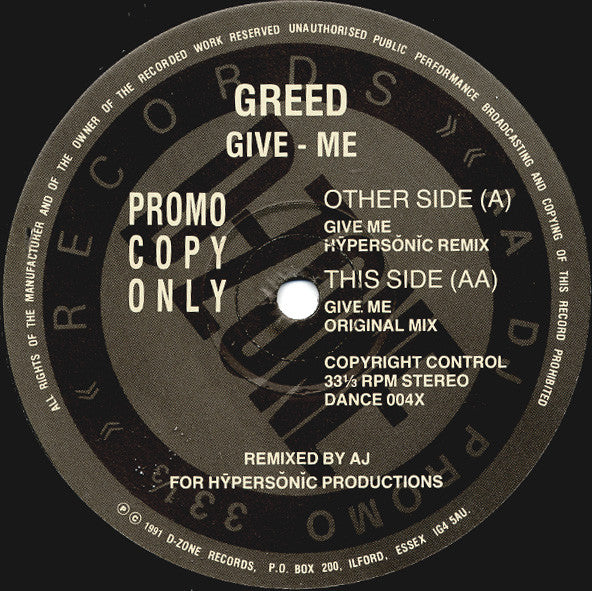 Greed : Give - Me (Hypersonic Remake) (12", Promo)