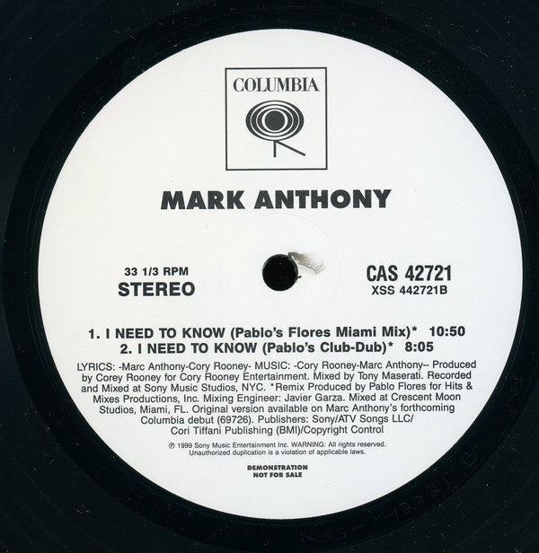 Marc Anthony : I Need To Know (12", Promo)