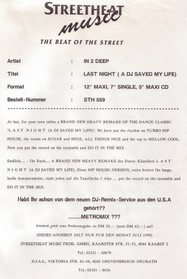 In To Deep : Last Night (A DJ Saved My Life) (12")