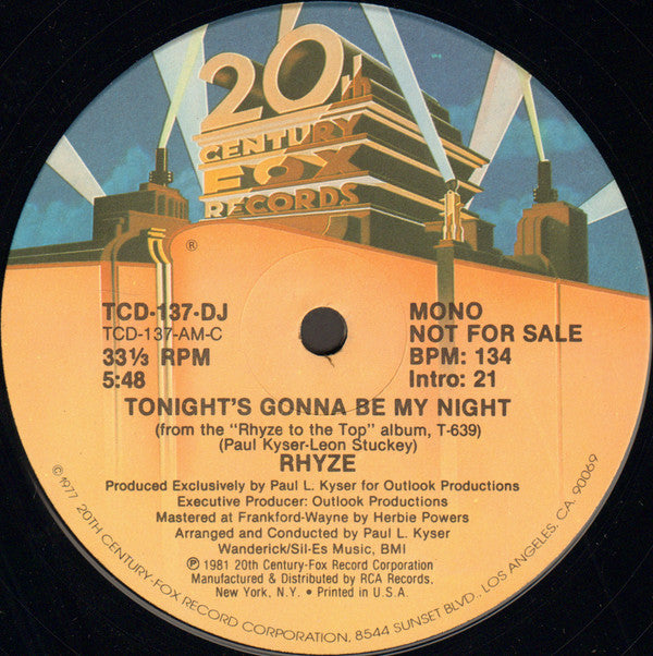 Rhyze : Tonight's Gonna Be My Night (12", Mono, Promo)