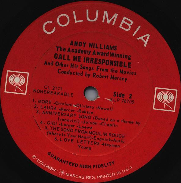Andy Williams : Call Me Irresponsible And Other Hit Songs From The Movies (LP, Album, Mono)