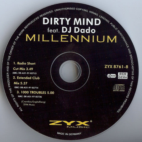 Dirty Mind Feat. DJ Dado : Millennium (The Dance Versions) (CD, Single)
