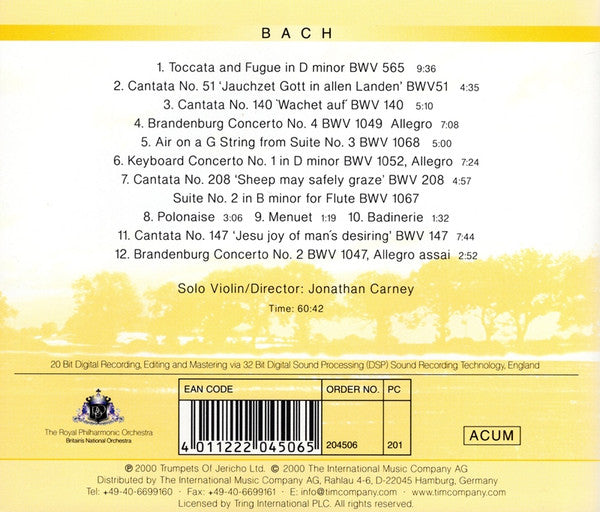 The Royal Philharmonic Orchestra, Johann Sebastian Bach, Jonathan Carney : Air On A G String / Brandenburg Concertos (Excerpts) / Wachet Auf / Sheep May Safely Graze / Jesu Joy Of Man's Desiring (CD)