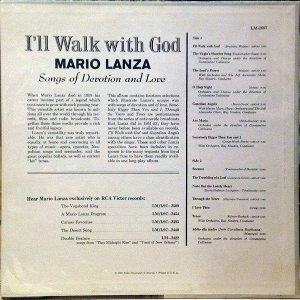 Mario Lanza : I'll Walk With God (LP, Mono)