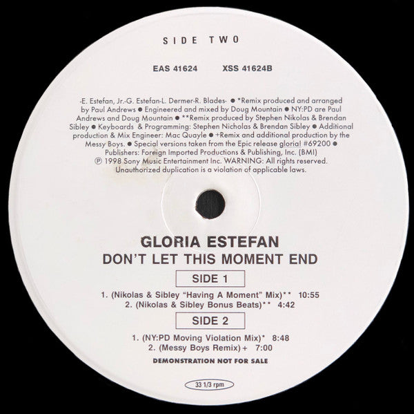 Gloria Estefan : Don't Let This Moment End (12", Single, Promo, #2)