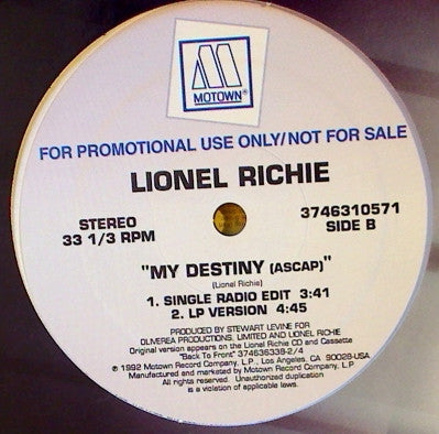 Lionel Richie : My Destiny (12", Promo)