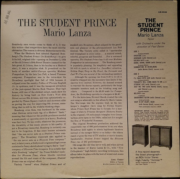 Mario Lanza : Sigmund Romberg : The Student Prince (LP, Mono)