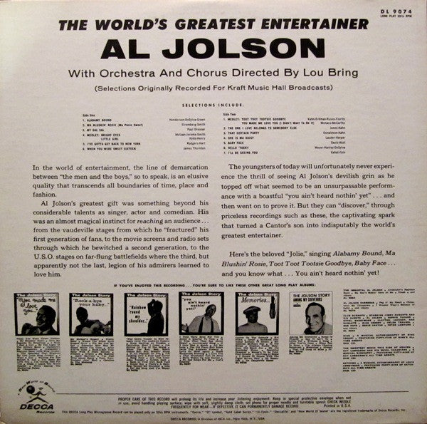 Al Jolson : The World's Greatest Entertainer (LP, Album, Mono)