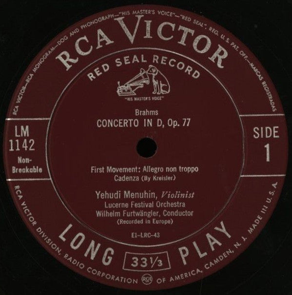 Johannes Brahms, Yehudi Menuhin, Lucerne Festival Orchestra, Wilhelm Furtwängler : Concerto In D, Op. 77 For Violin And Orchestra (LP)